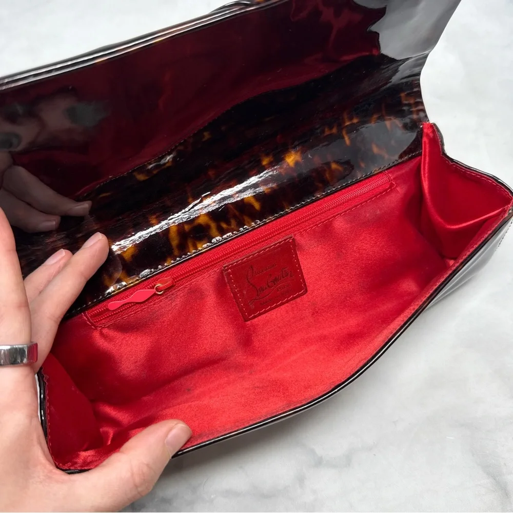Christian Louboutin Tortoise Bow Patent Leather Clutch Purse Bag Leopard Formal